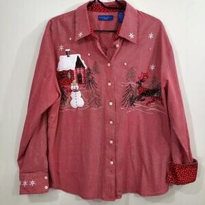 Karen Scott Women's Sport Button Up Christmas Long Sleeve Red White Size XL